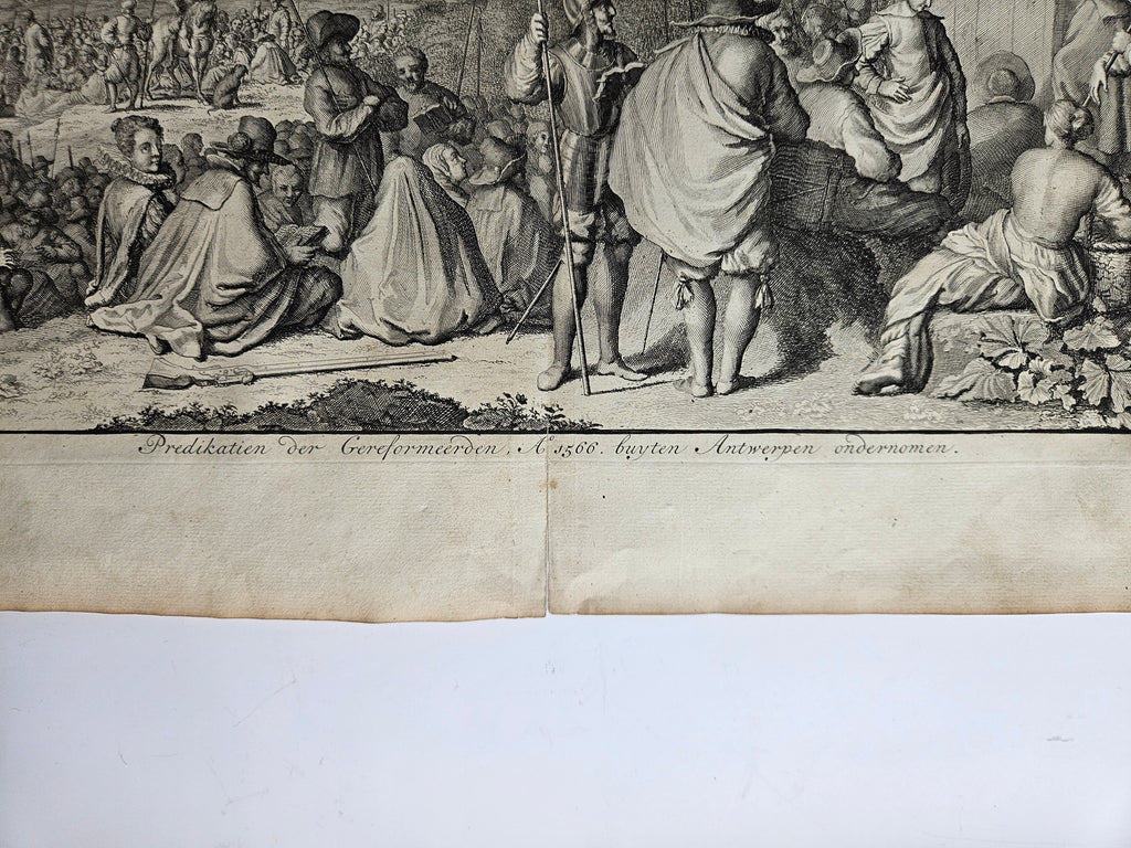 Antieke historische prent | Hagenpreken buiten Antwerpen, 1566 | Jan Luyken, ca. 1677–1679