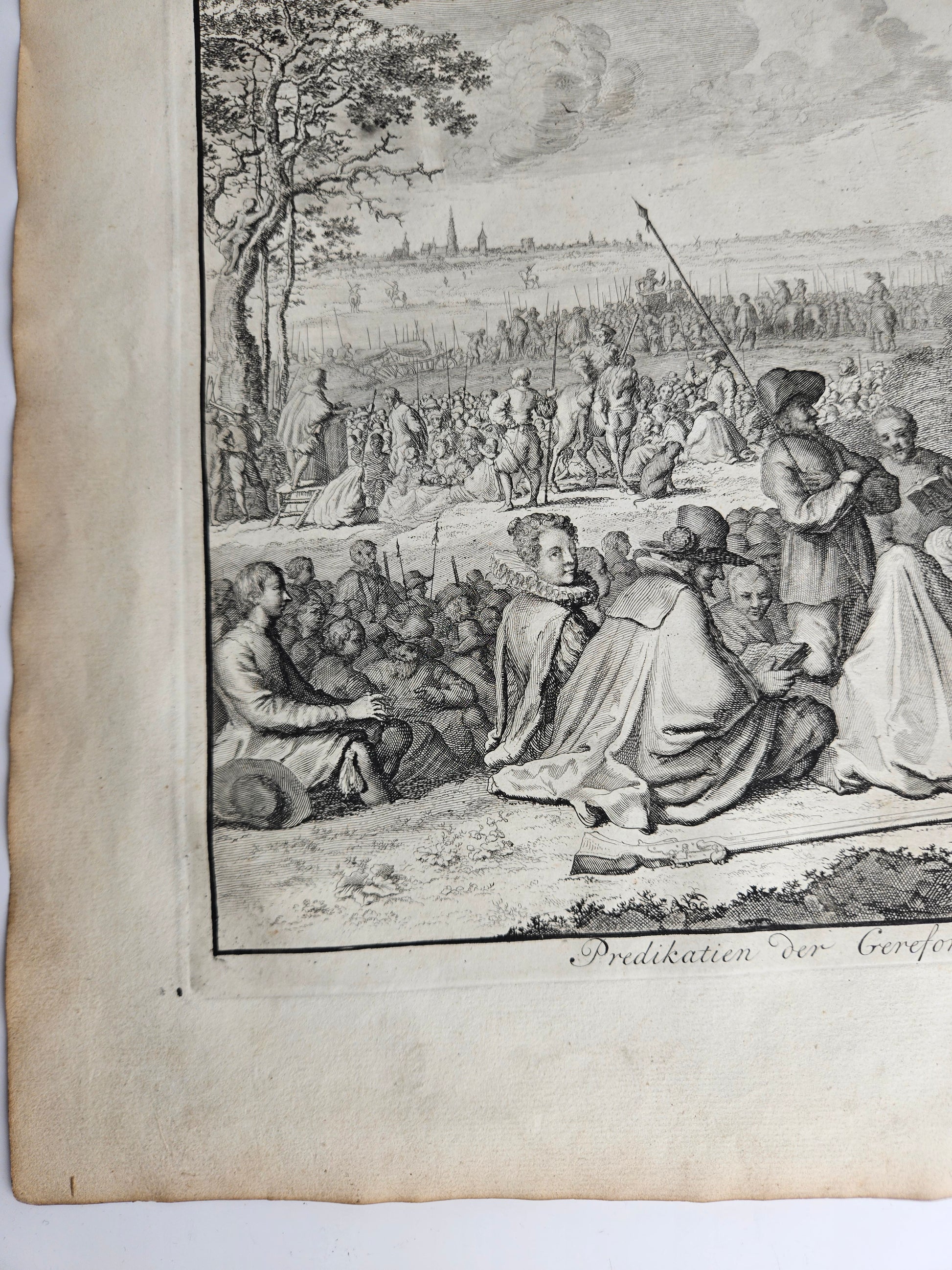 Antieke historische prent | Hagenpreken buiten Antwerpen, 1566 | Jan Luyken, ca. 1677–1679