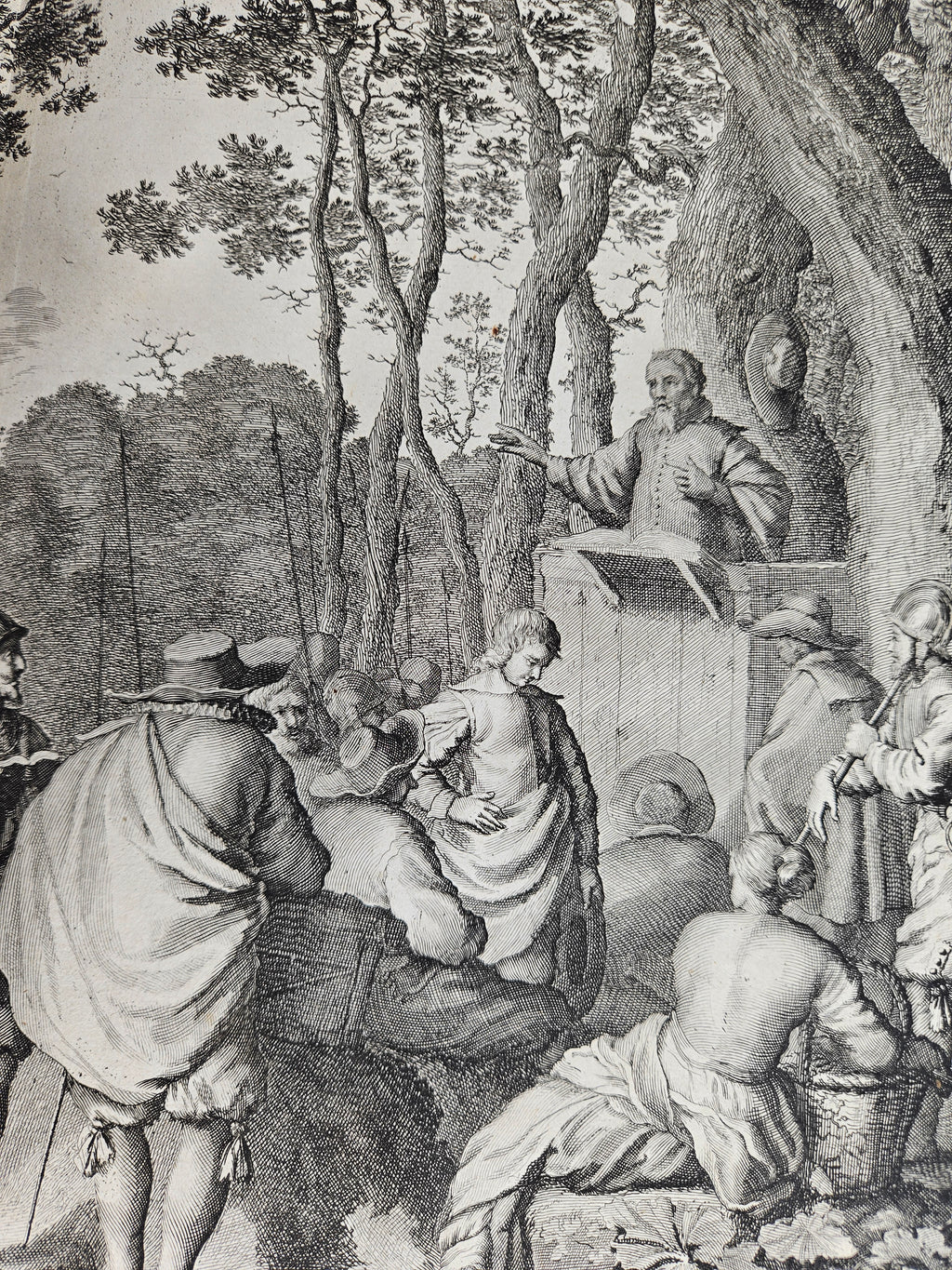 Antieke historische prent | Hagenpreken buiten Antwerpen, 1566 | Jan Luyken, ca. 1677–1679