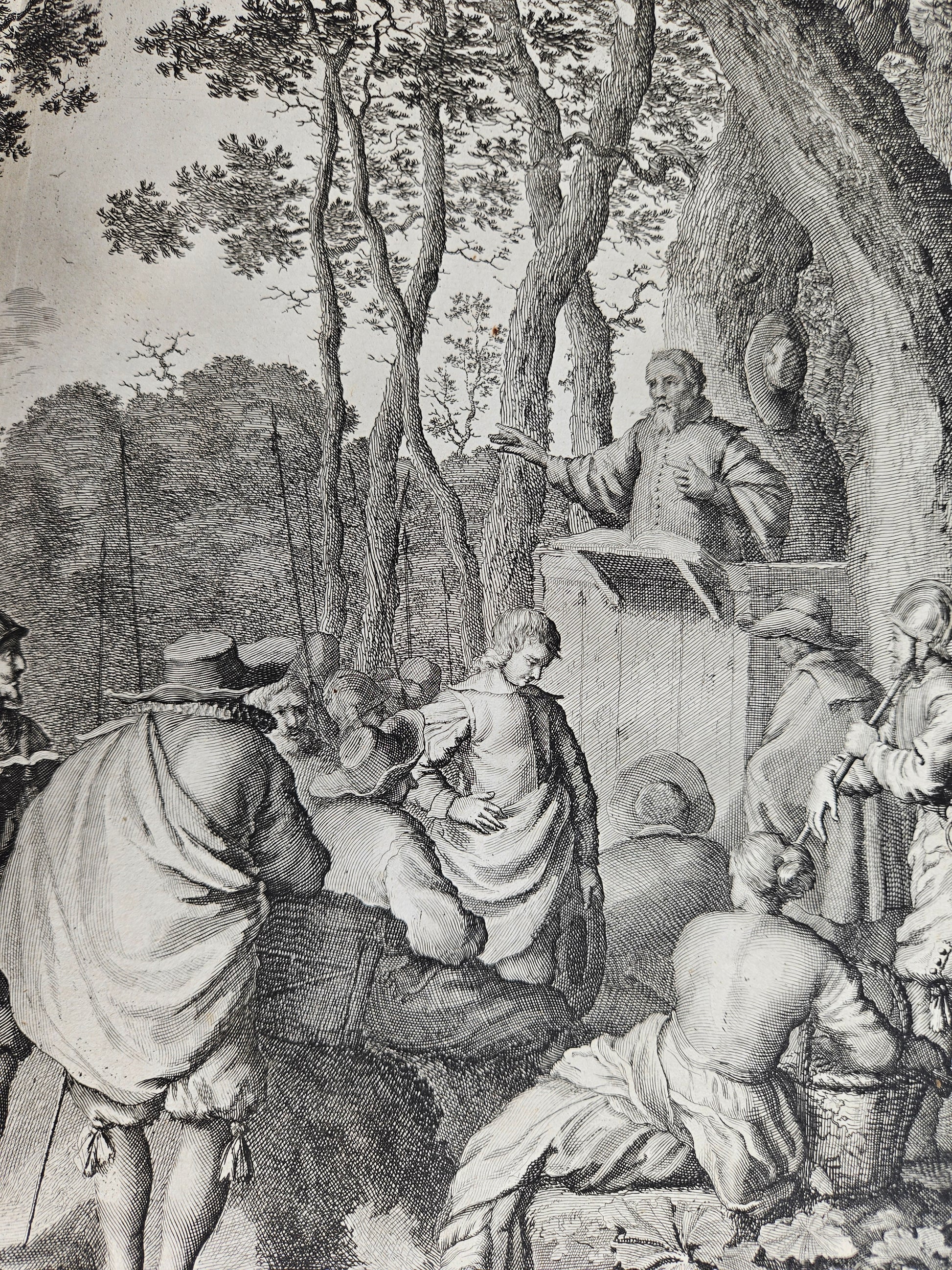 Antieke historische prent | Hagenpreken buiten Antwerpen, 1566 | Jan Luyken, ca. 1677–1679