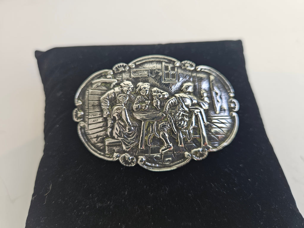 Antique silver brooch with tavern scene – c. early 20th century