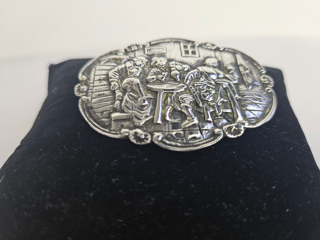 Antique silver brooch with tavern scene – c. early 20th century