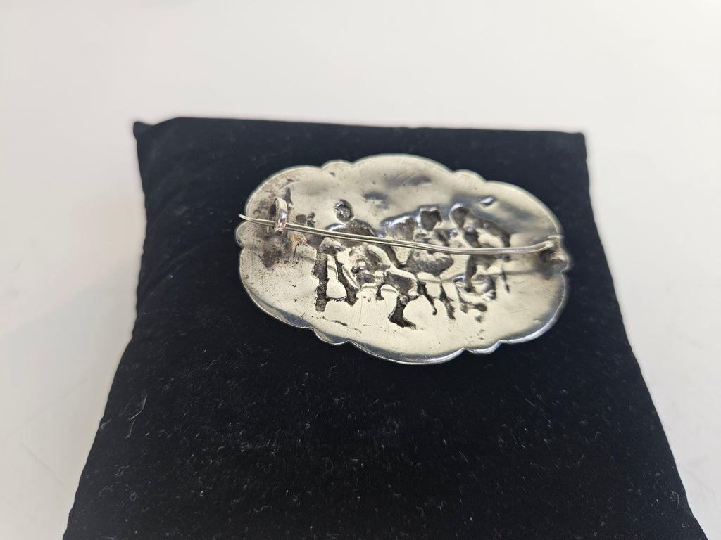 Antique silver brooch with tavern scene – c. early 20th century