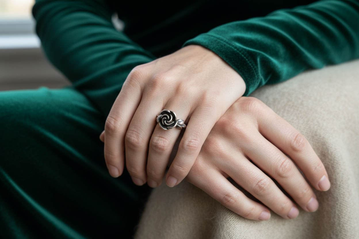 Vintage Zilveren Roosring - Biedermeier- of Art Nouveau-stijl