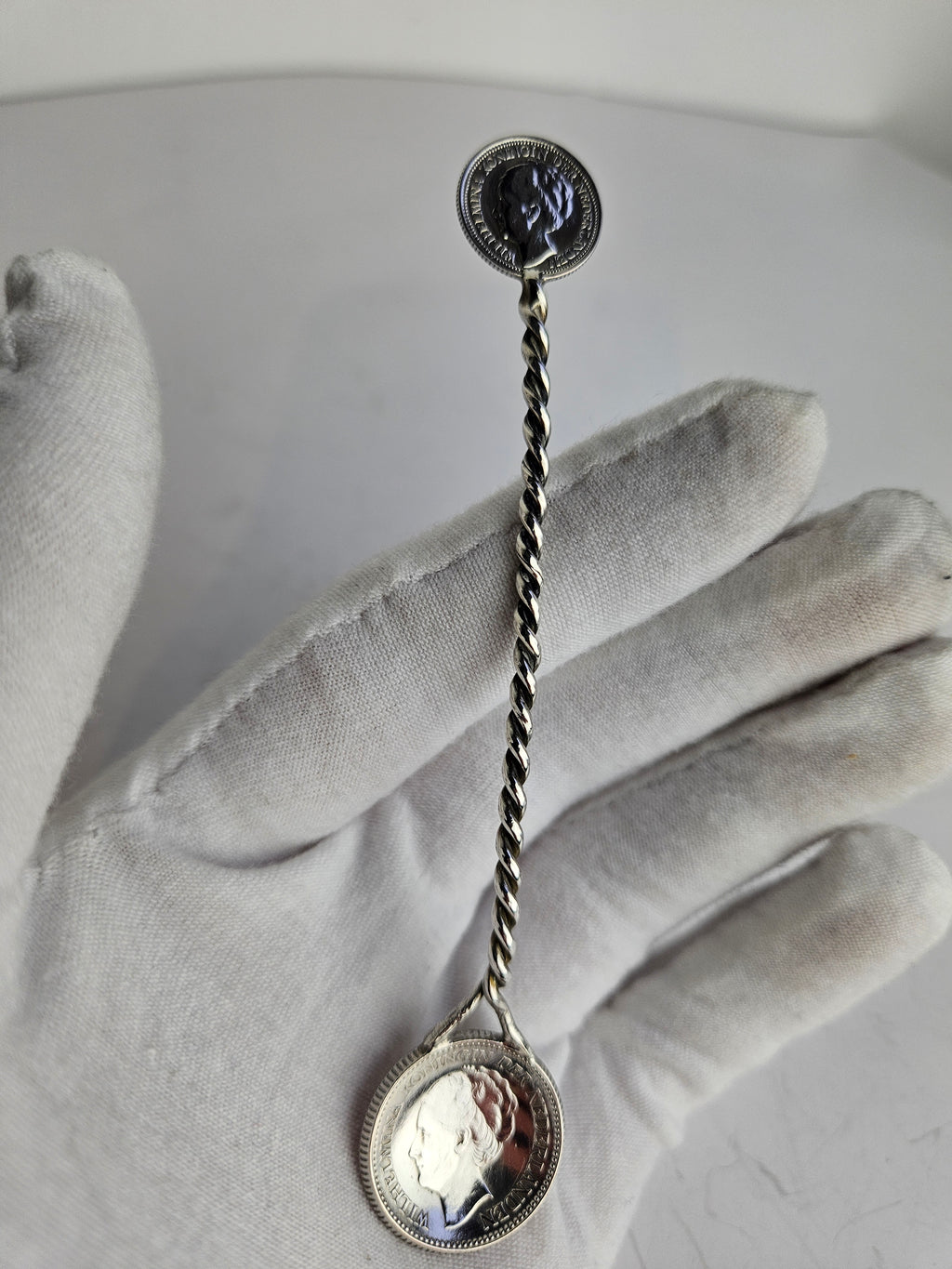 Antiek zilveren muntlepeltje – Wilhelmina halve gulden & 10 cent