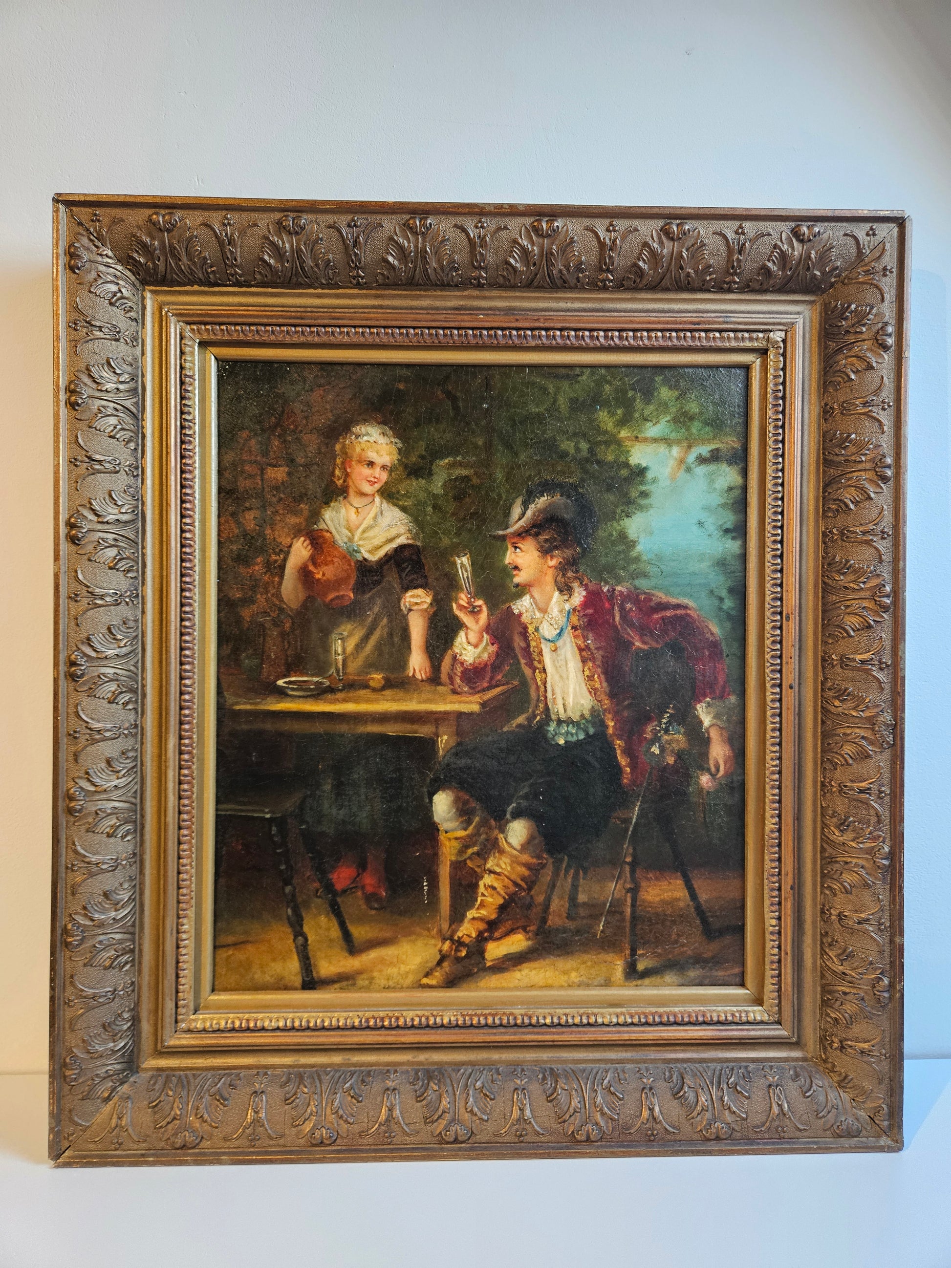 Romantisch olieverfschilderij op board – genretafereel – in rijk geornamenteerde lijst
