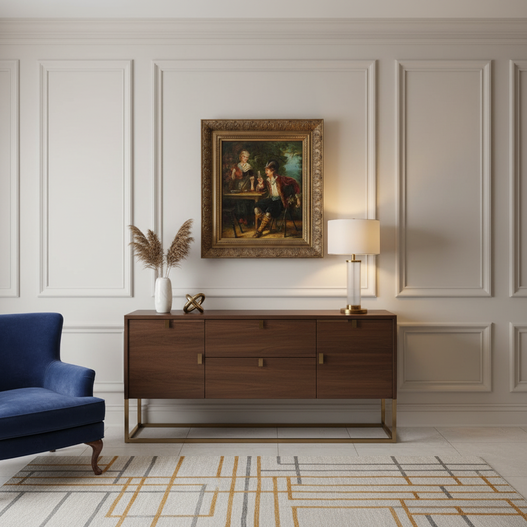 Romantisch olieverfschilderij op board – genretafereel – in rijk geornamenteerde lijst