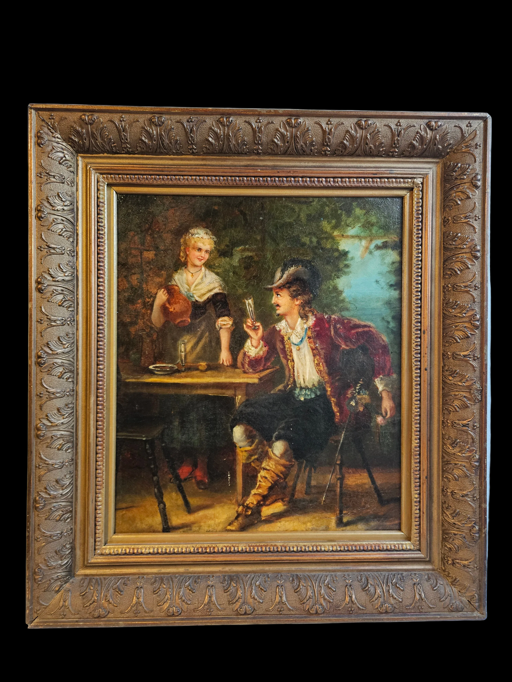 Romantisch olieverfschilderij op board – genretafereel – in rijk geornamenteerde lijst