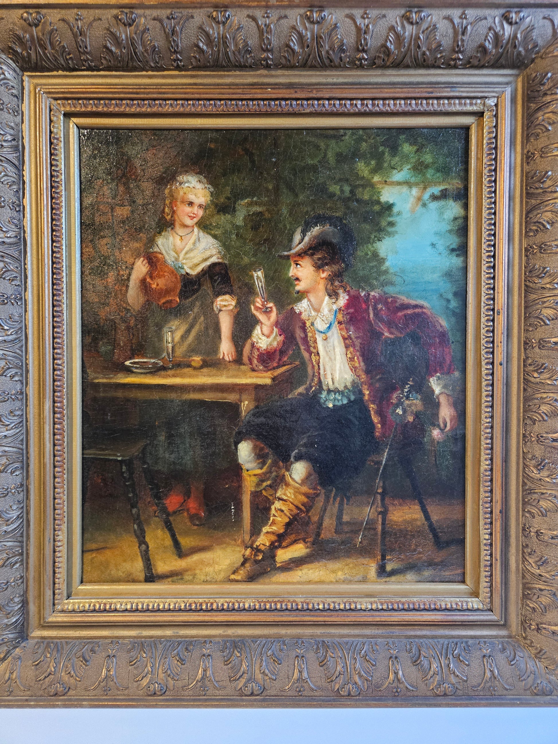 Romantisch olieverfschilderij op board – genretafereel – in rijk geornamenteerde lijst
