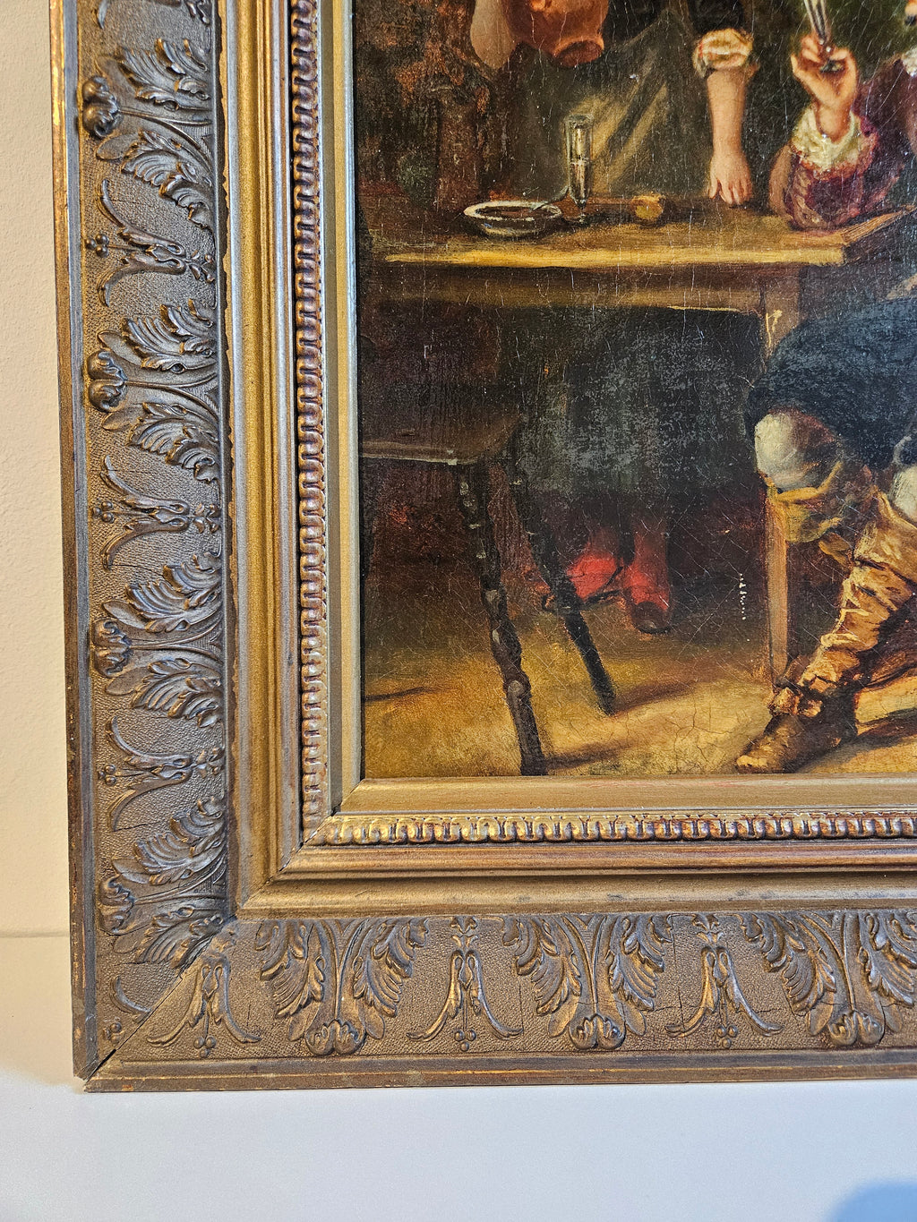 Romantisch olieverfschilderij op board – genretafereel – in rijk geornamenteerde lijst