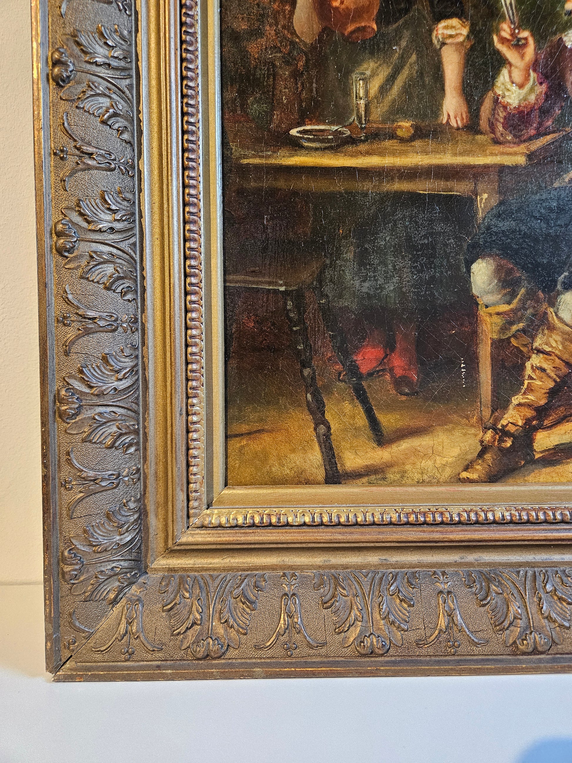 Romantisch olieverfschilderij op board – genretafereel – in rijk geornamenteerde lijst