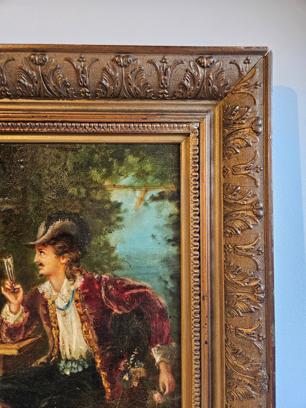 Romantisch olieverfschilderij op board – genretafereel – in rijk geornamenteerde lijst