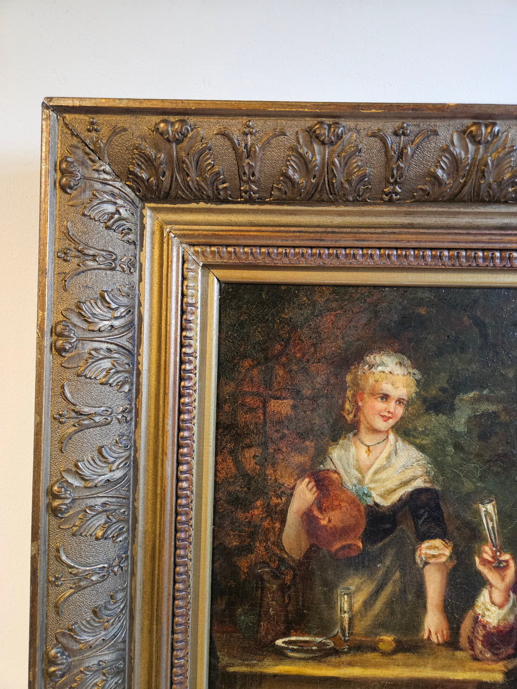 Romantisch olieverfschilderij op board – genretafereel – in rijk geornamenteerde lijst