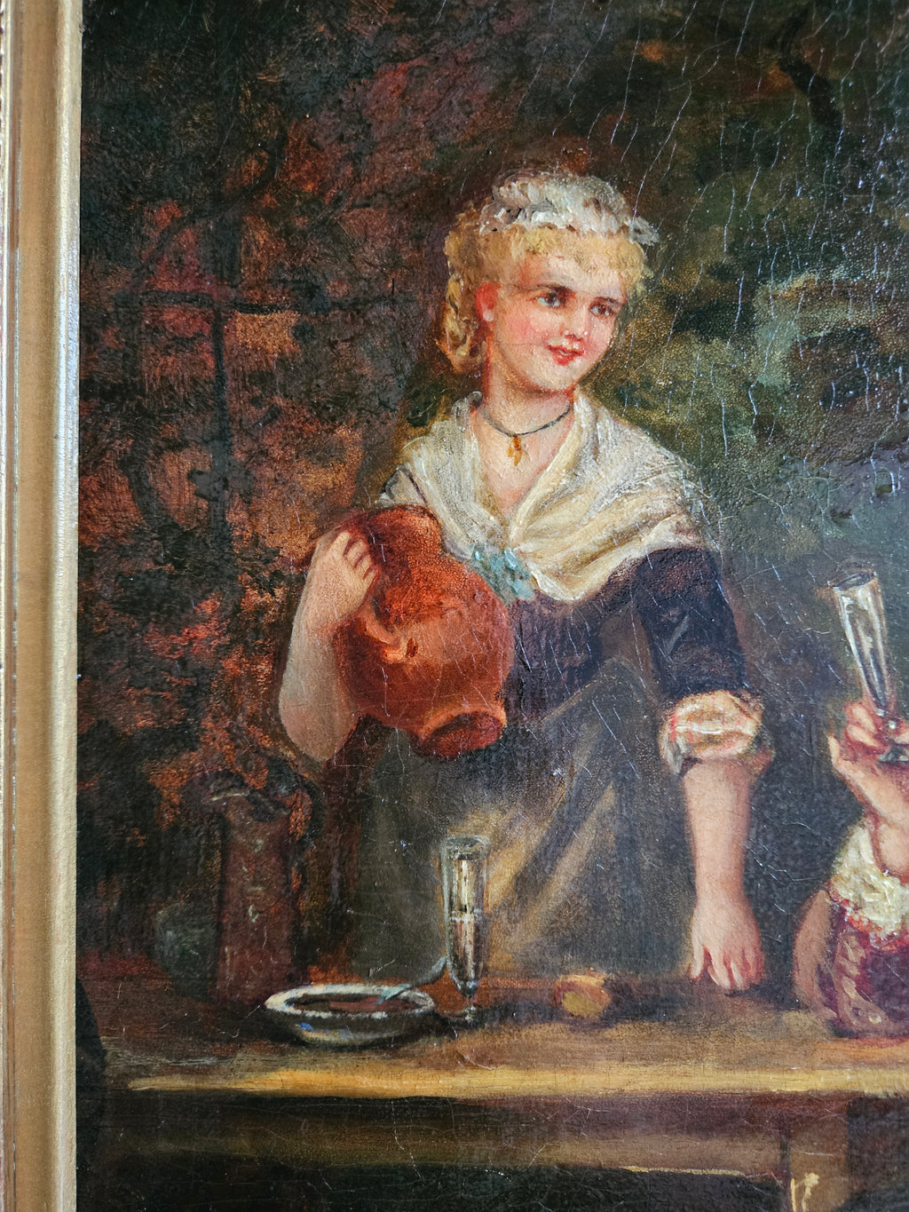 Romantisch olieverfschilderij op board – genretafereel – in rijk geornamenteerde lijst