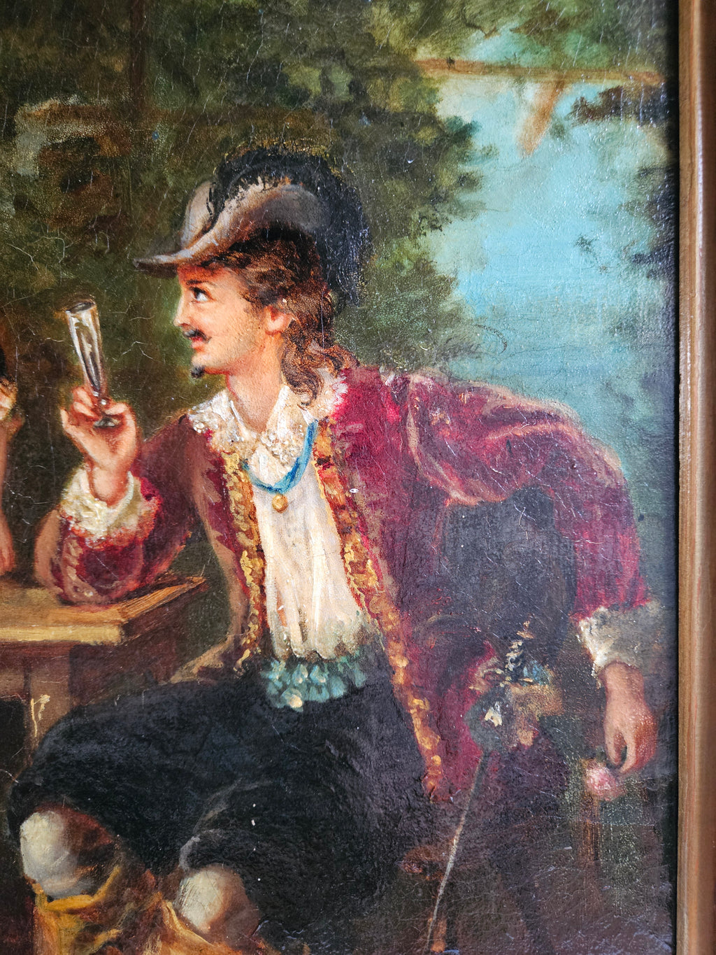 Romantisch olieverfschilderij op board – genretafereel – in rijk geornamenteerde lijst