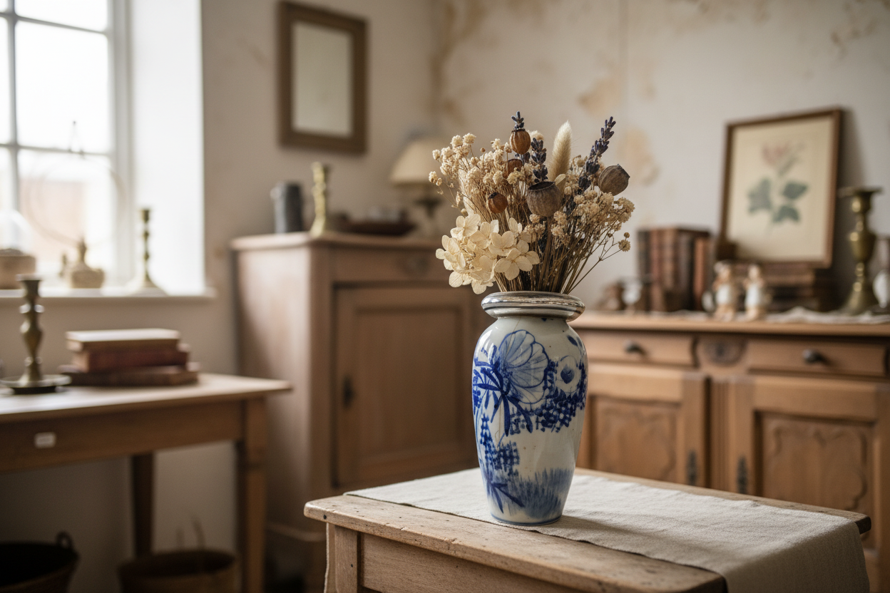 Antiek porseleinen vaasje met zilveren rand – blauw-wit decor