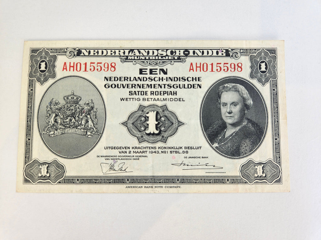 1 Gulden muntbiljet uit 1943 - Nederlands-Indië - Koningin Wilhelmina
