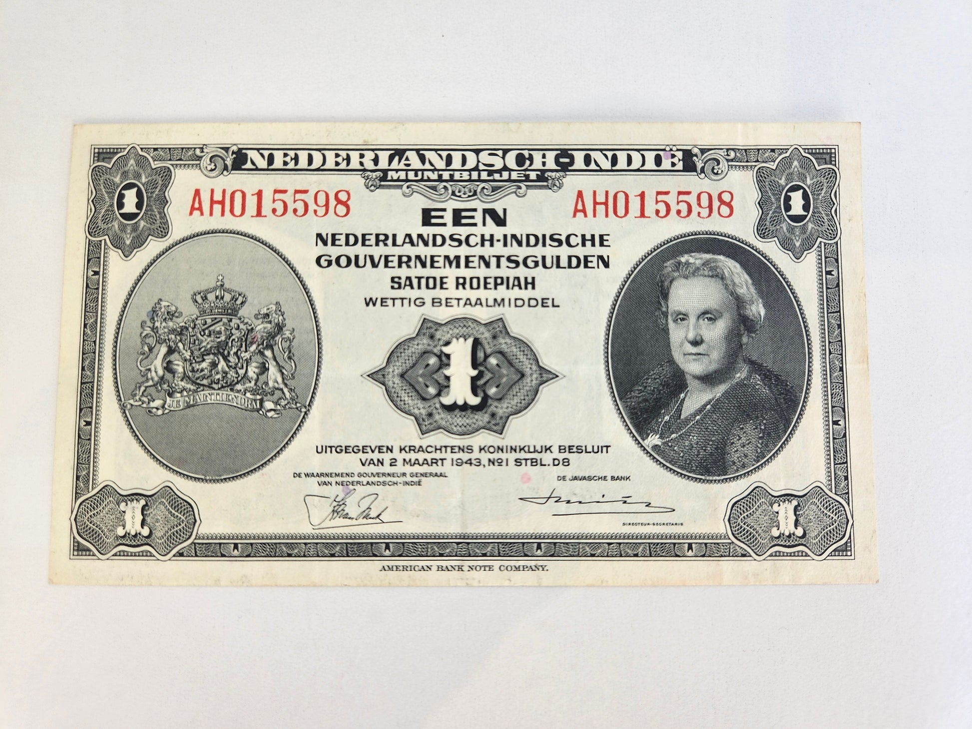 1 Gulden muntbiljet uit 1943 - Nederlands-Indië - Koningin Wilhelmina