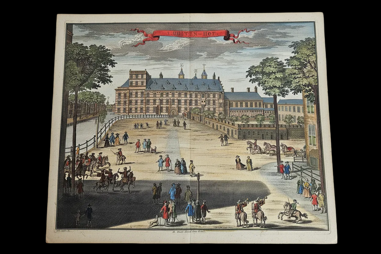 Handingekleurde gravure – ’t Buiten-Hof, Den Haag – Gerrit van Giessen, ca. 1735