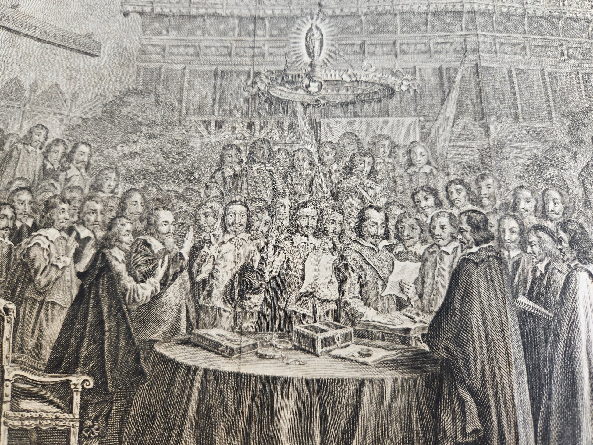 18e Eeuwse Kopergravure – Vrede van Münster (1648) – Illustratie uit Vaderlandsche Historie - Simon Fokke (1754