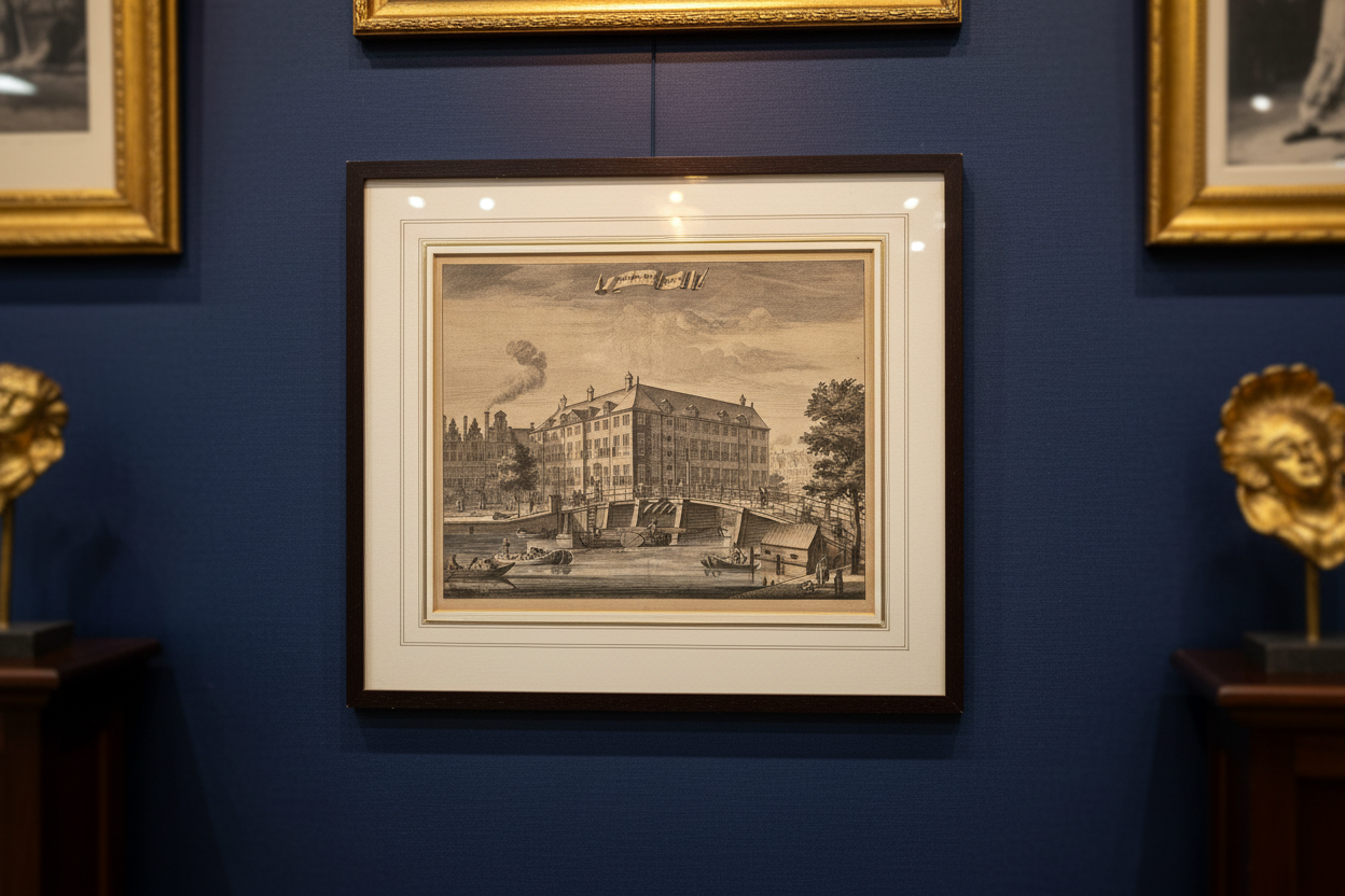 Antieke Kopergravure Amsterdam – Diaken Weeshuis aan de Amstel (ca. 1726)