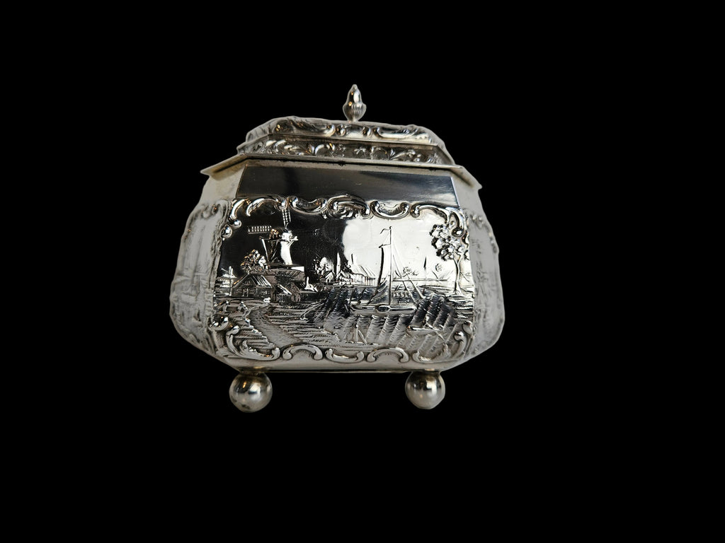 Antique Silver Tea Caddy – H. Hooijkaas Schoonhoven – Handmade Silverware with Relief Decoration