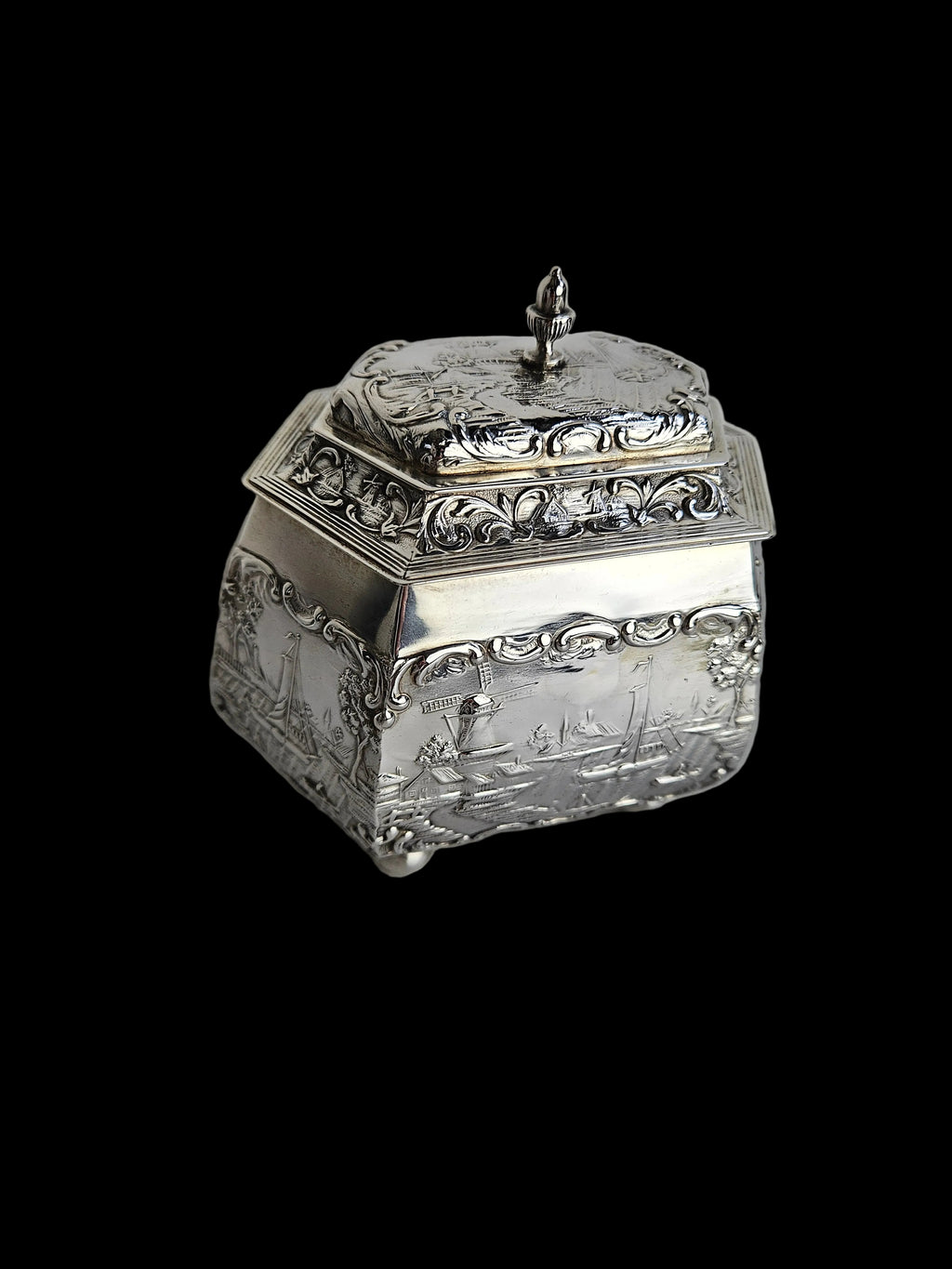Antique Silver Tea Caddy – H. Hooijkaas Schoonhoven – Handmade Silverware with Relief Decoration
