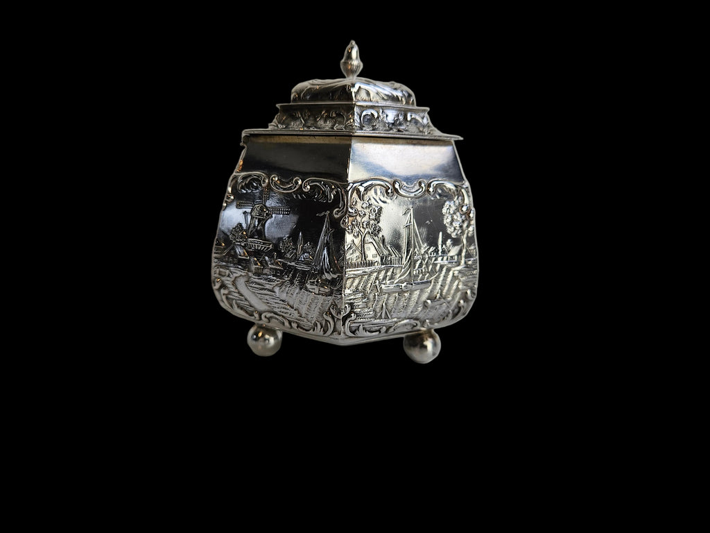 Antique Silver Tea Caddy – H. Hooijkaas Schoonhoven – Handmade Silverware with Relief Decoration