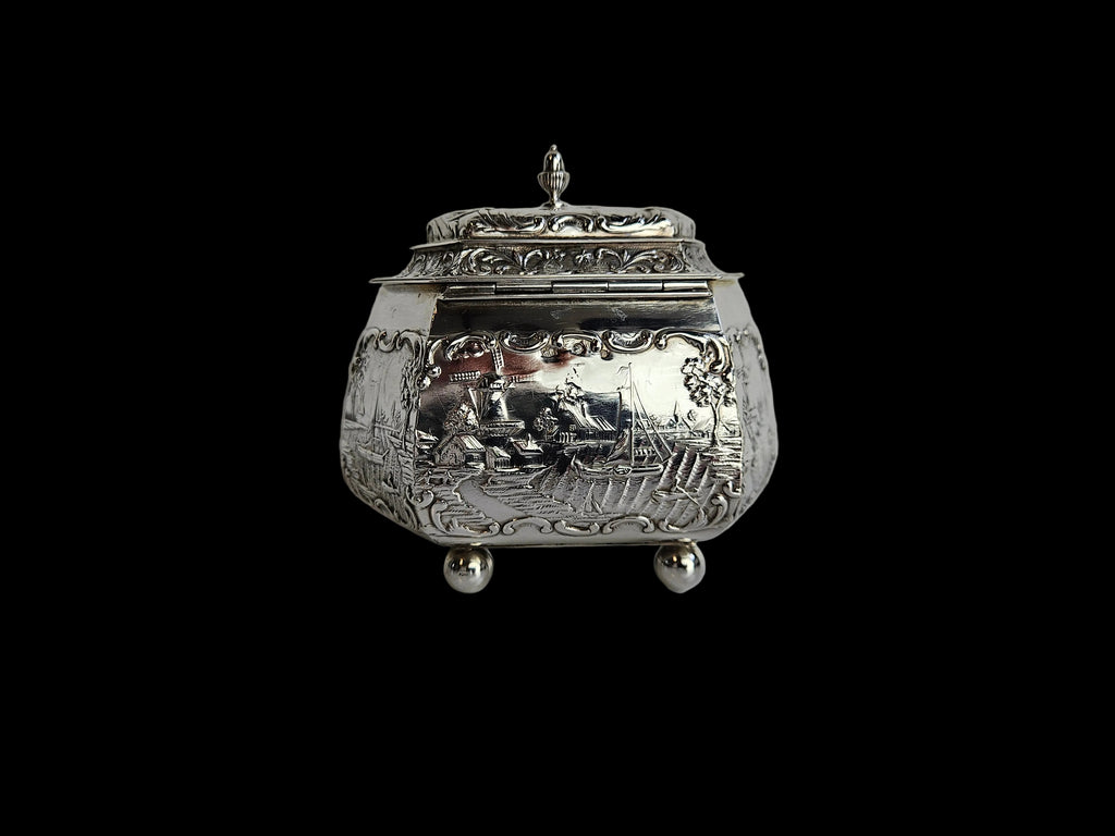 Antique Silver Tea Caddy – H. Hooijkaas Schoonhoven – Handmade Silverware with Relief Decoration