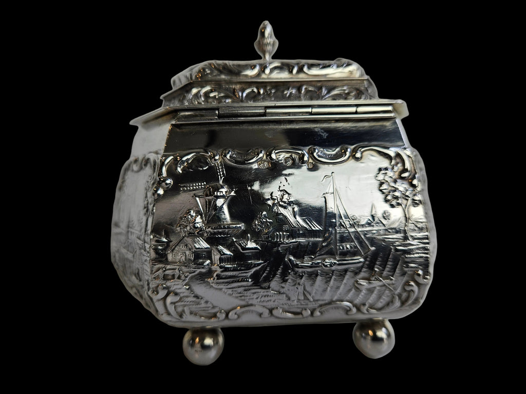 Antique Silver Tea Caddy – H. Hooijkaas Schoonhoven – Handmade Silverware with Relief Decoration