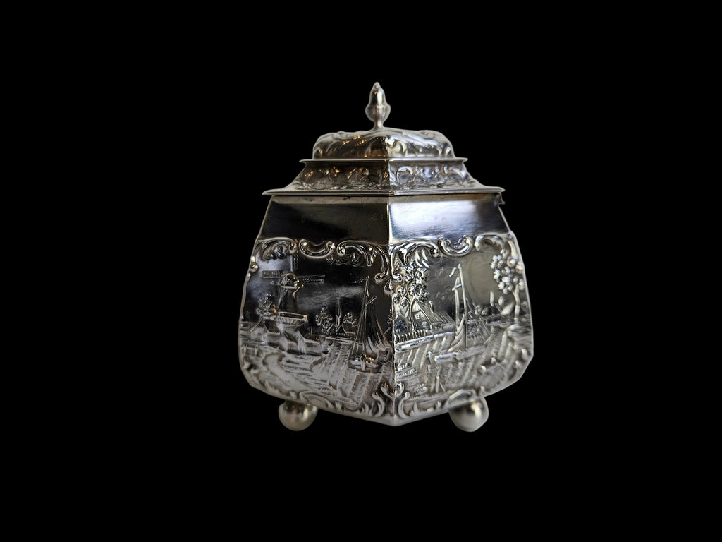 Antique Silver Tea Caddy – H. Hooijkaas Schoonhoven – Handmade Silverware with Relief Decoration
