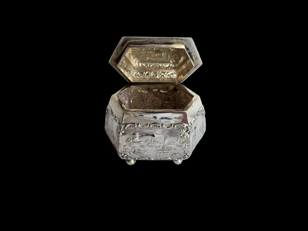 Antique Silver Tea Caddy – H. Hooijkaas Schoonhoven – Handmade Silverware with Relief Decoration