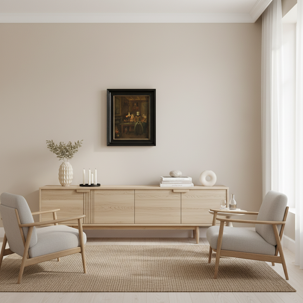 Sfeervol 19e-eeuws interieurtafereel – Figuren bij kaarslicht, olieverf op paneel