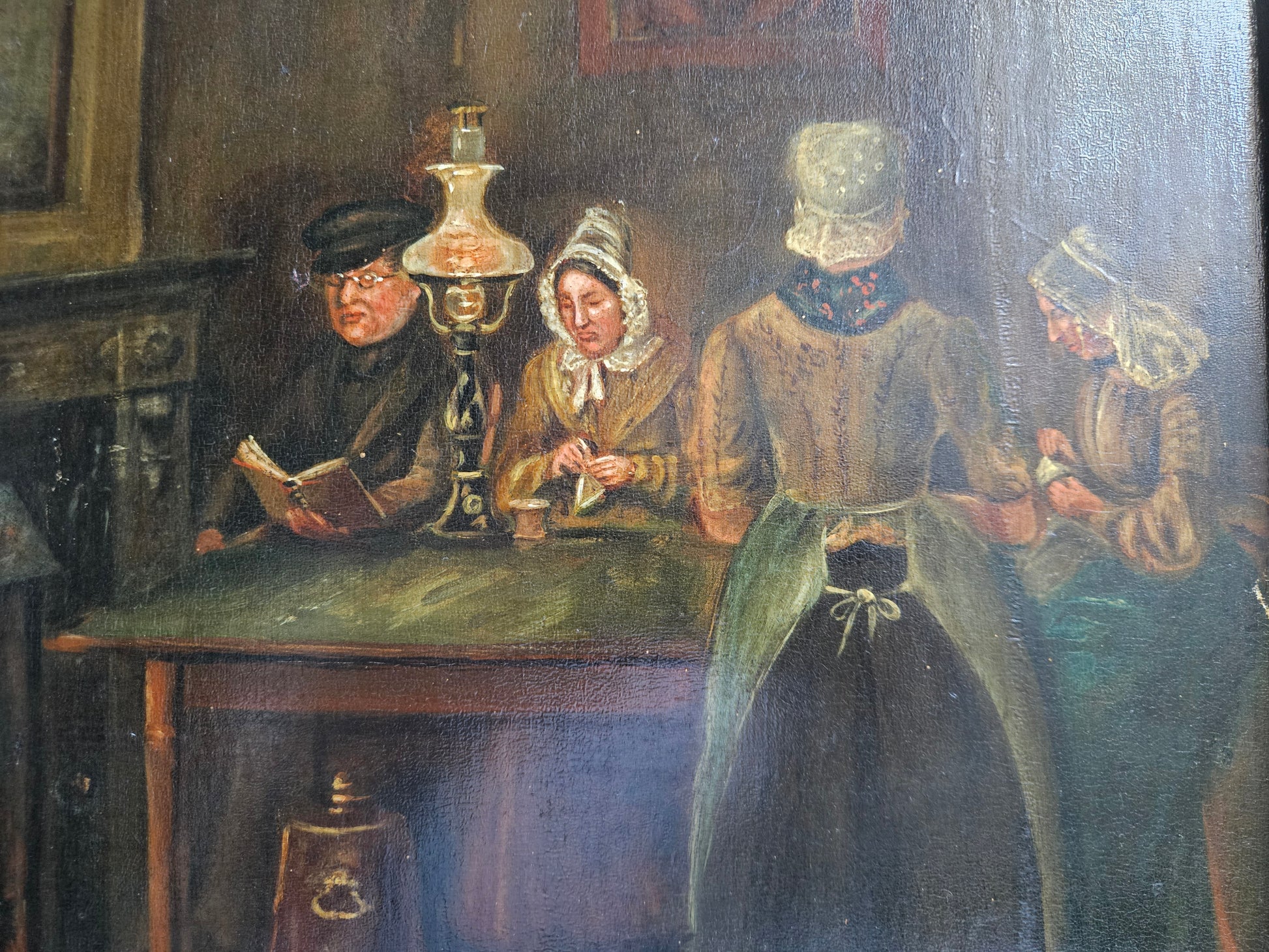Sfeervol 19e-eeuws interieurtafereel – Figuren bij kaarslicht, olieverf op paneel