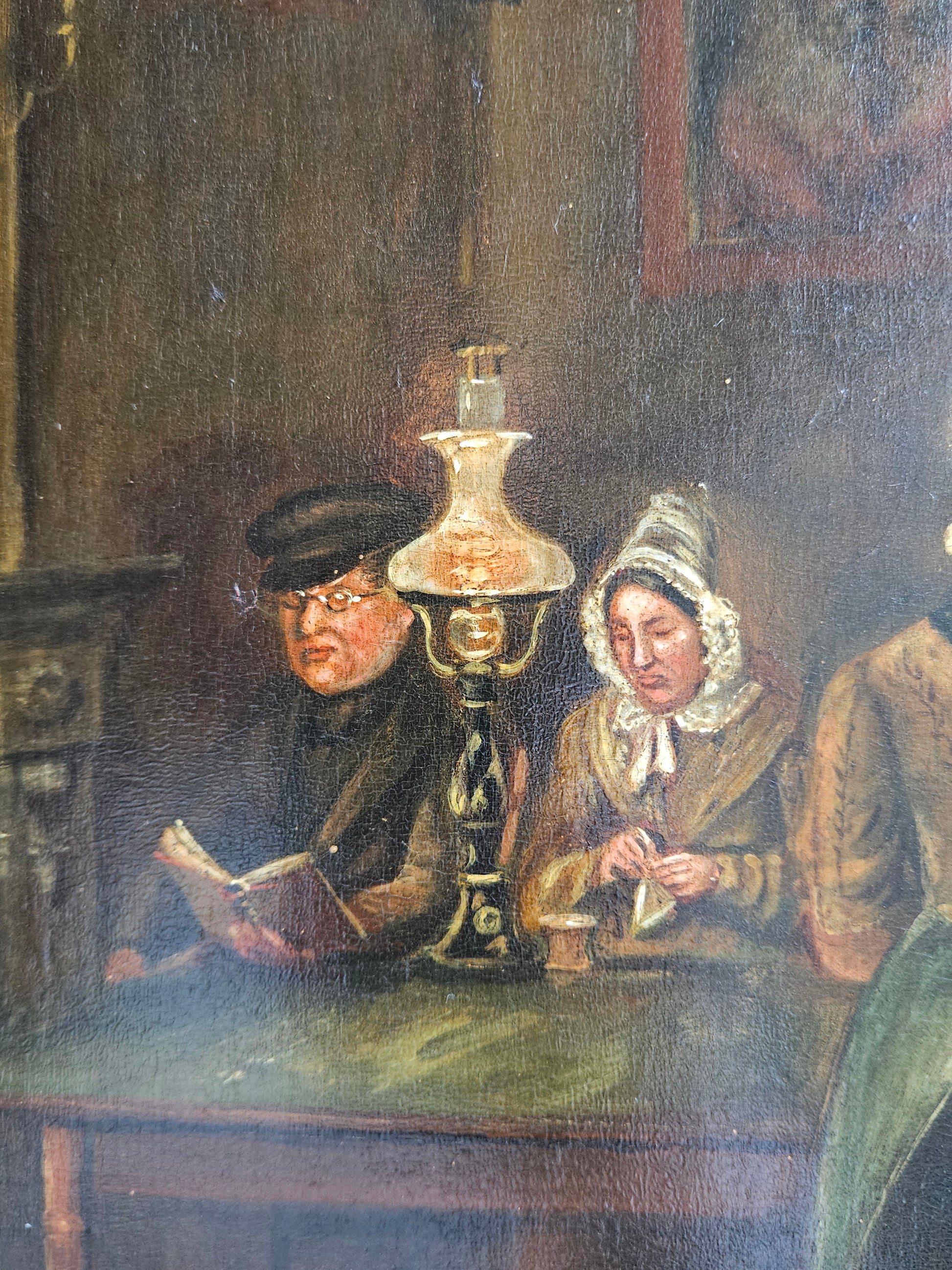 Sfeervol 19e-eeuws interieurtafereel – Figuren bij kaarslicht, olieverf op paneel