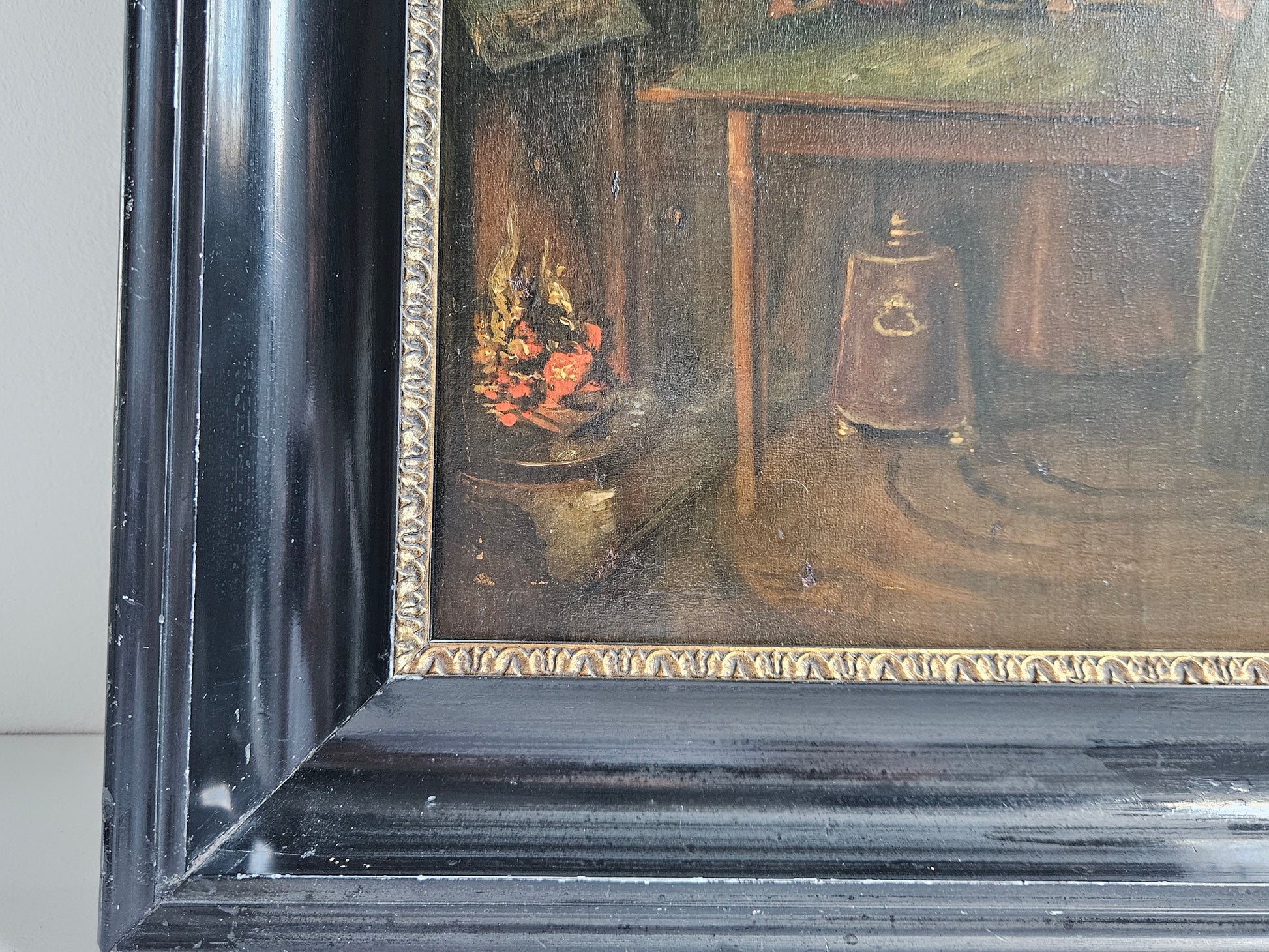 Sfeervol 19e-eeuws interieurtafereel – Figuren bij kaarslicht, olieverf op paneel