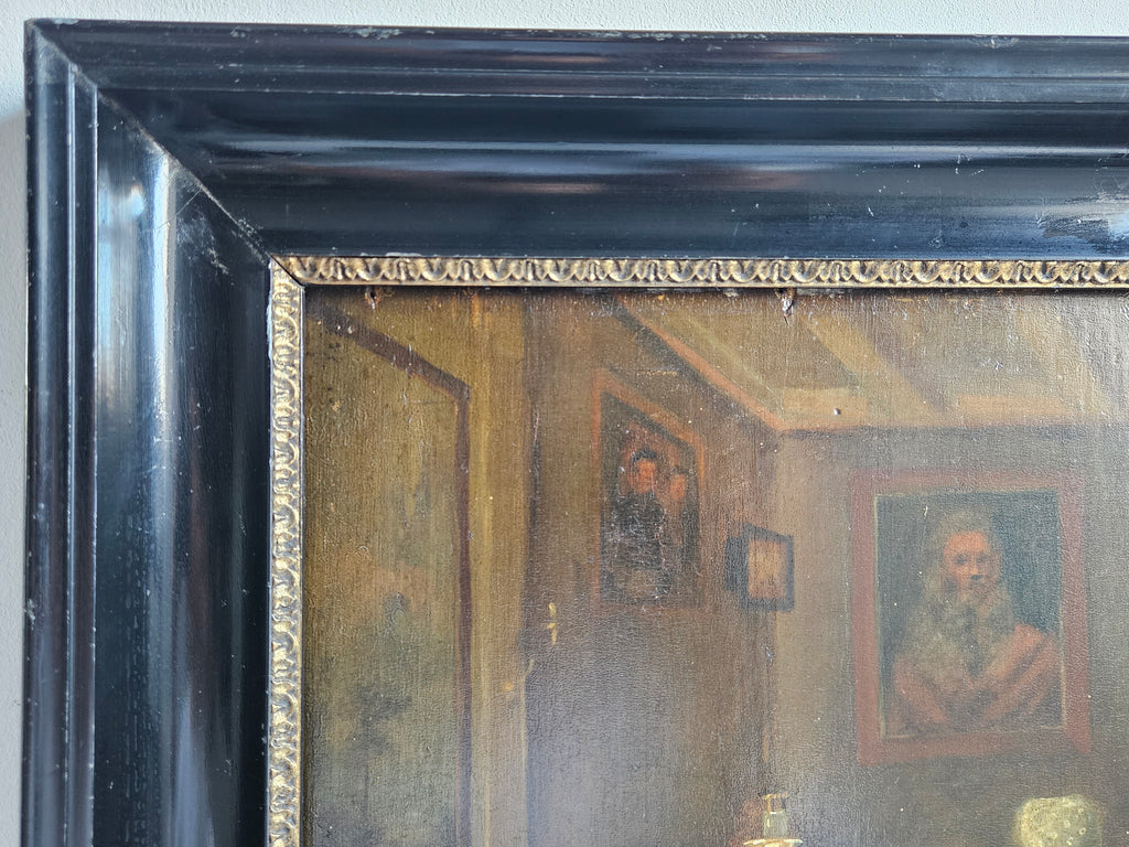 Sfeervol 19e-eeuws interieurtafereel – Figuren bij kaarslicht, olieverf op paneel