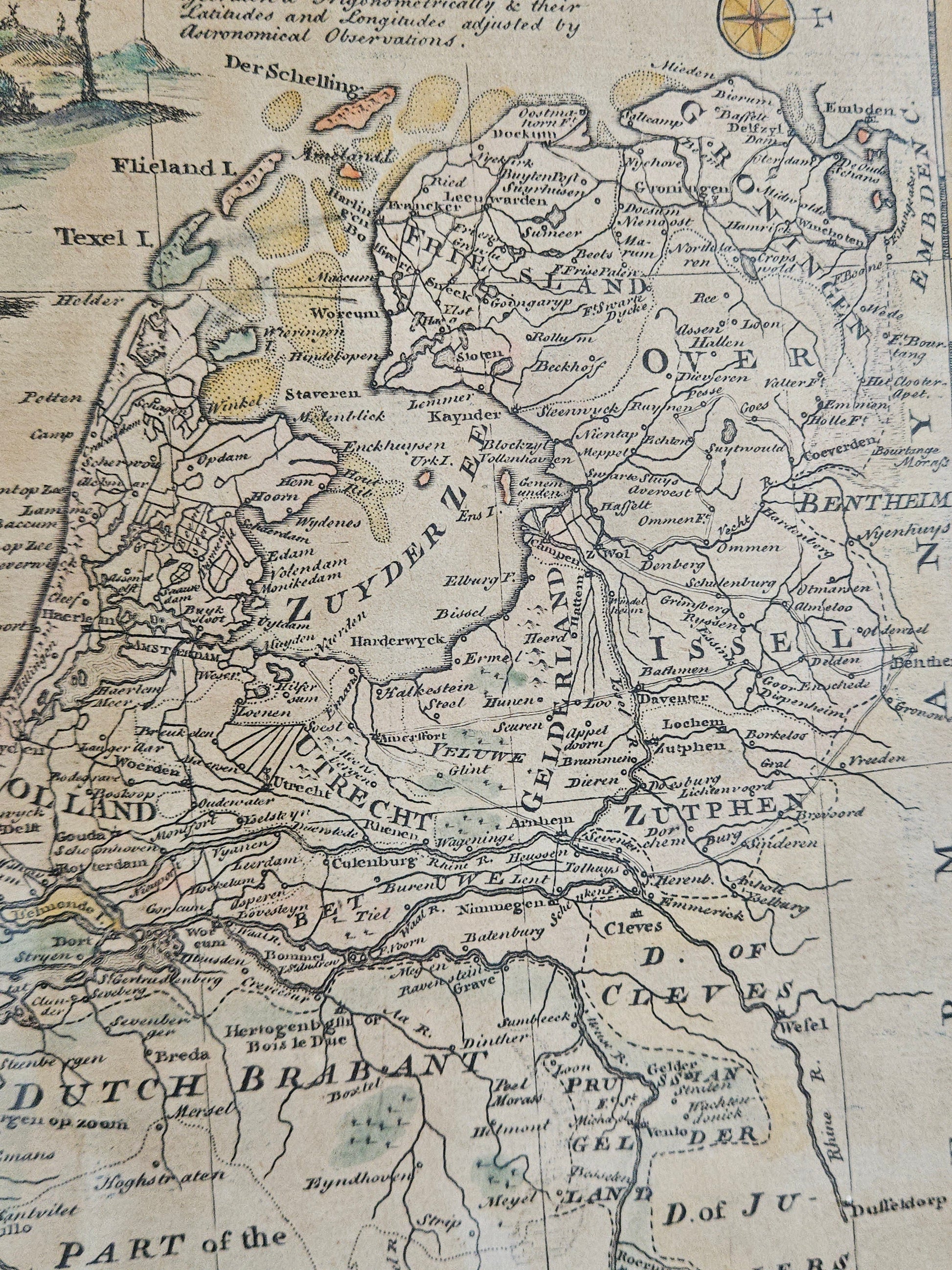Zeldzame Antieke Kaart Nederland (1748) – Emanuel Bowen – Gebaseerd op Le Rouge & Astronomische Waarnemingen