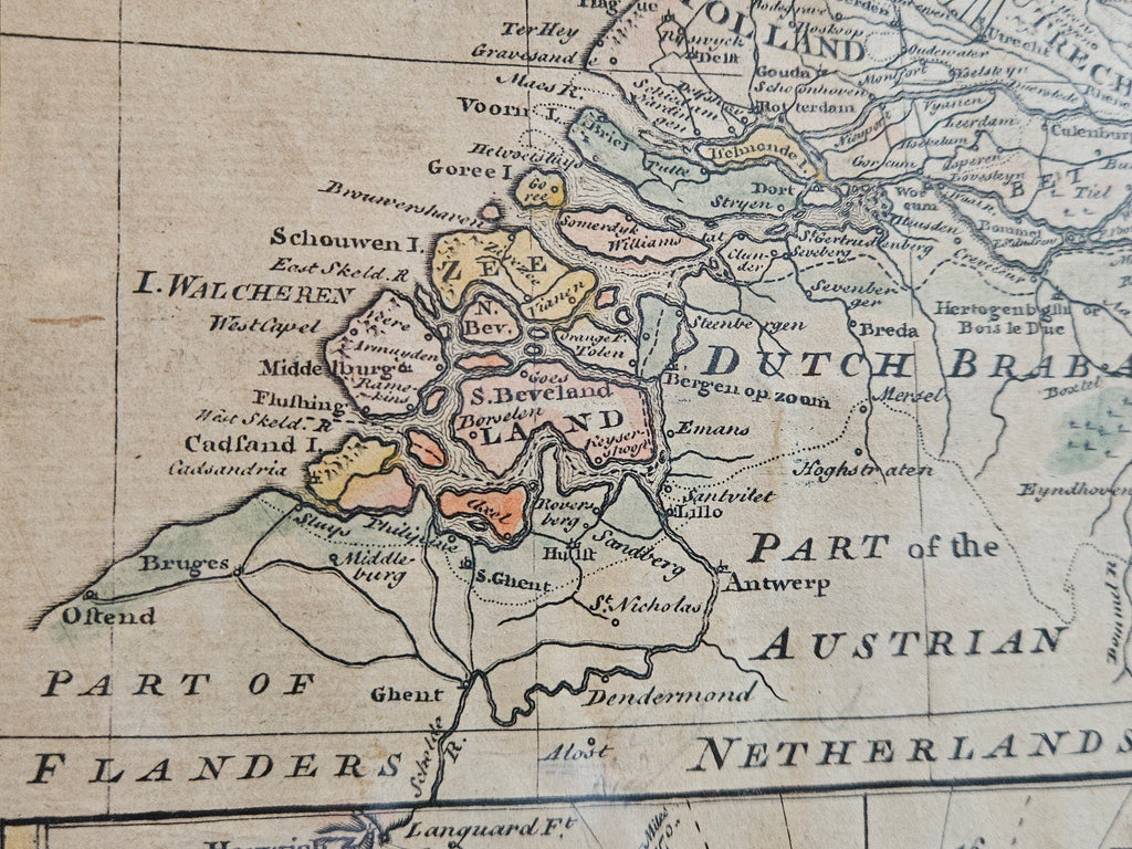 Zeldzame Antieke Kaart Nederland (1748) – Emanuel Bowen – Gebaseerd op Le Rouge & Astronomische Waarnemingen