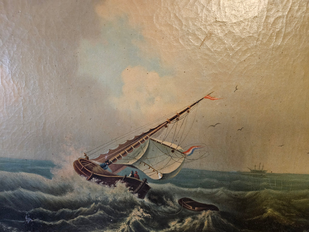 Antieke maritieme olieverf op doek met lijst | 19e‑eeuwse kust landschap