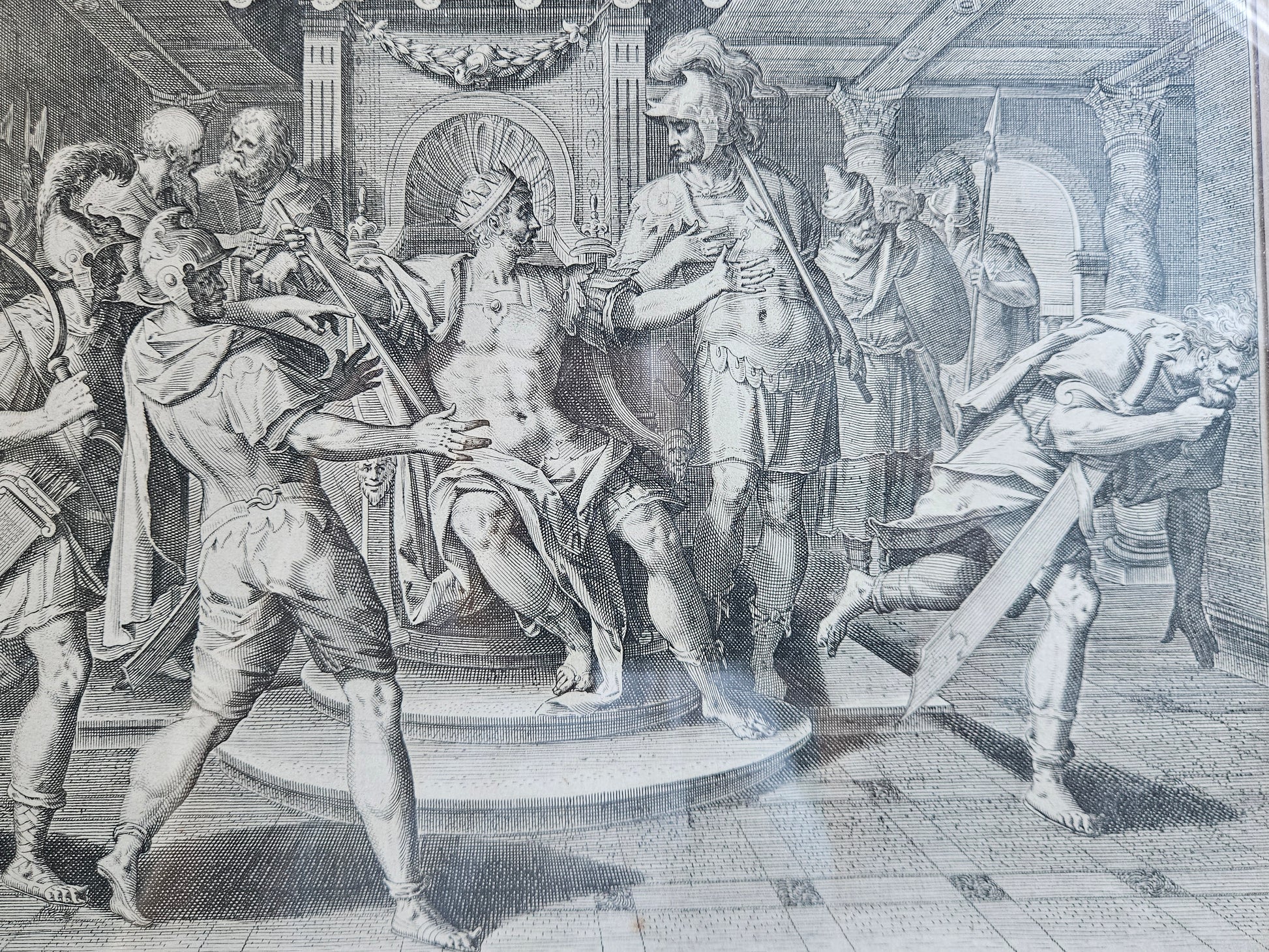 16e-eeuwse Meesterprent – Marten de Vos – David heuchelt waanzin voor Koning Achis