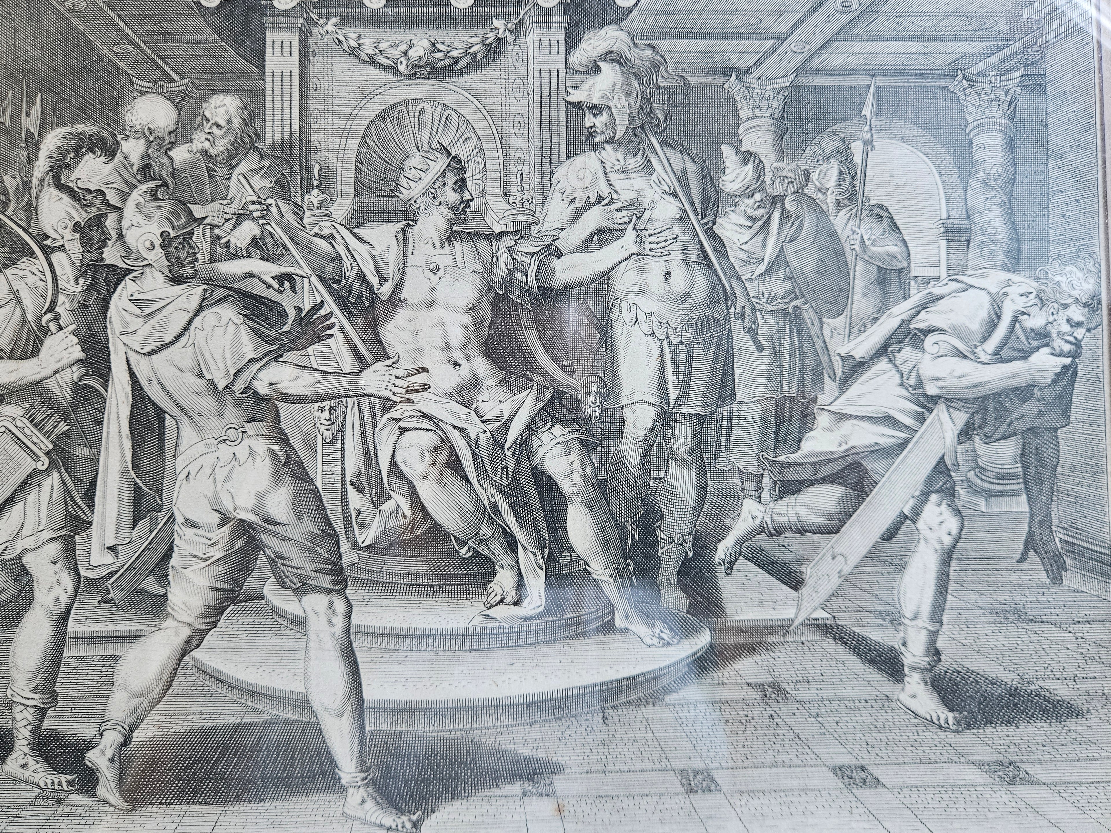 16e-eeuwse Meesterprent – Maarten de Vos – David heuchelt waanzin voor Koning Achis