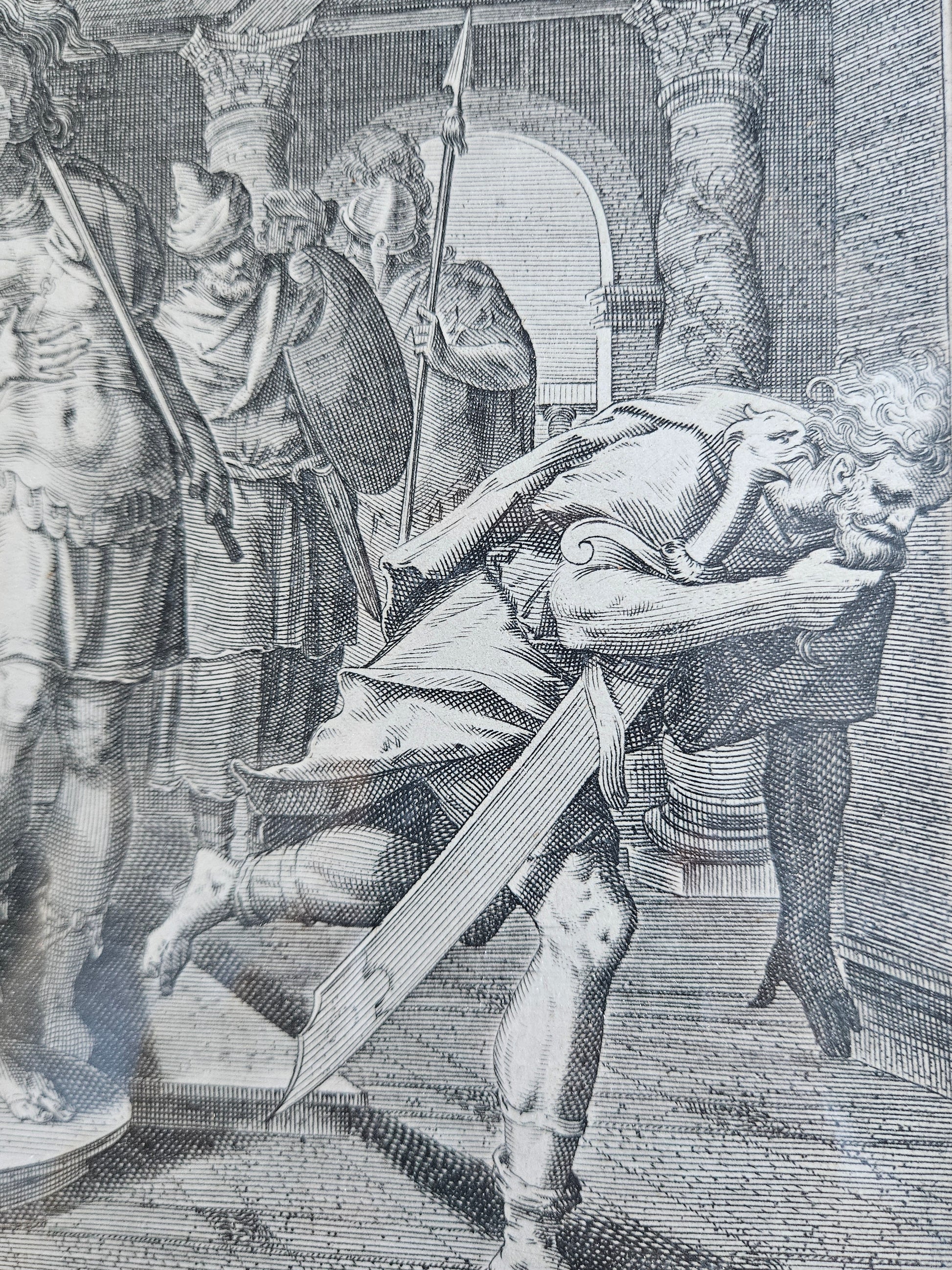 16e-eeuwse Meesterprent – Marten de Vos – David heuchelt waanzin voor Koning Achis