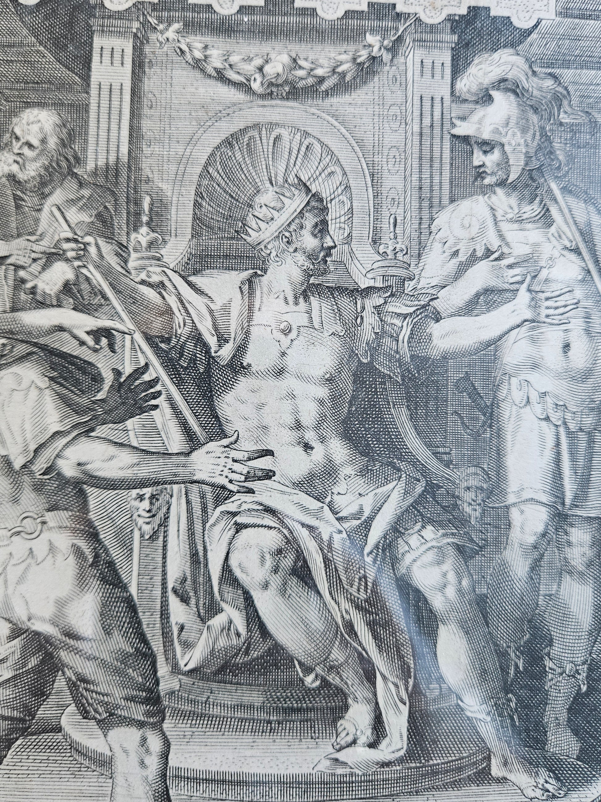 16e-eeuwse Meesterprent – Marten de Vos – David heuchelt waanzin voor Koning Achis