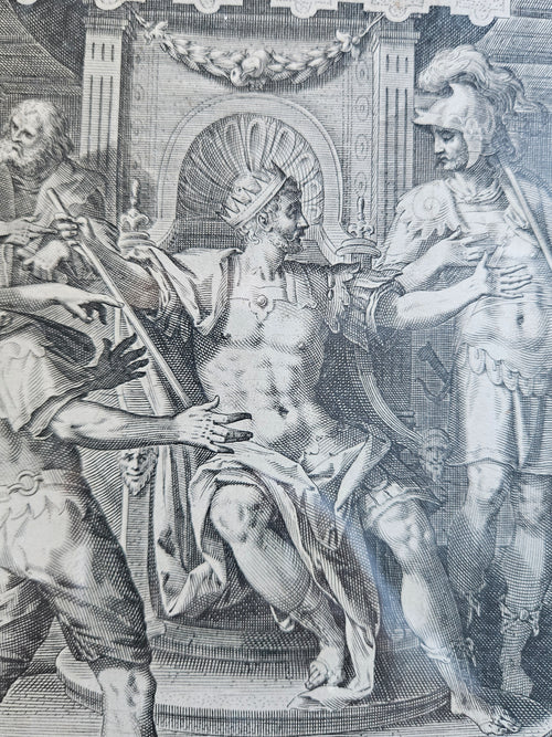 16e-eeuwse Meesterprent – Maarten de Vos – David heuchelt waanzin voor Koning Achis