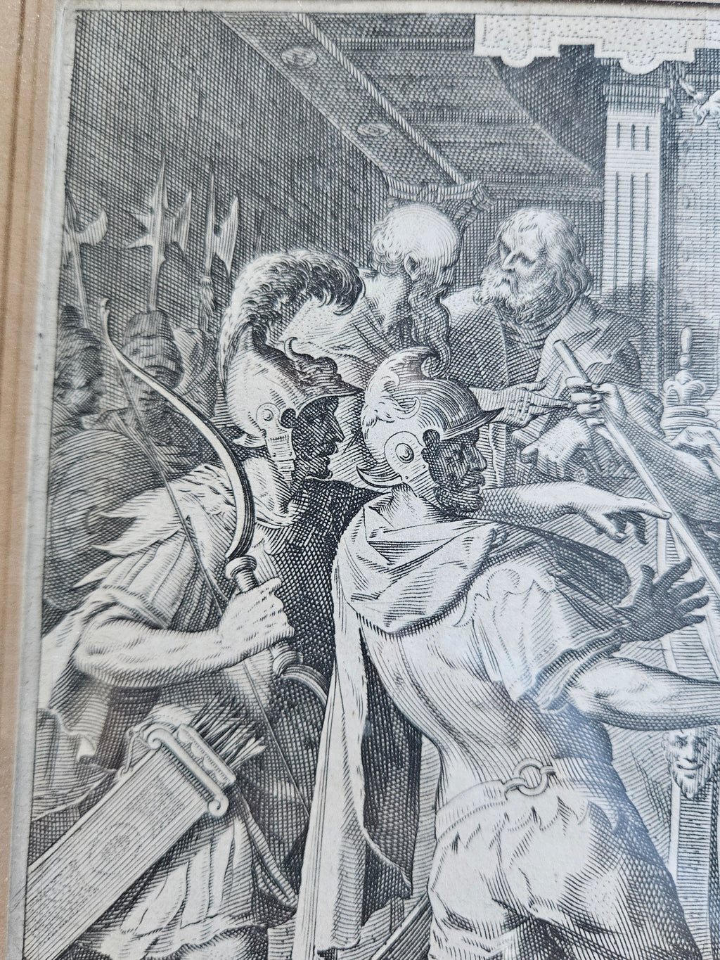 16e-eeuwse Meesterprent – Marten de Vos – David heuchelt waanzin voor Koning Achis