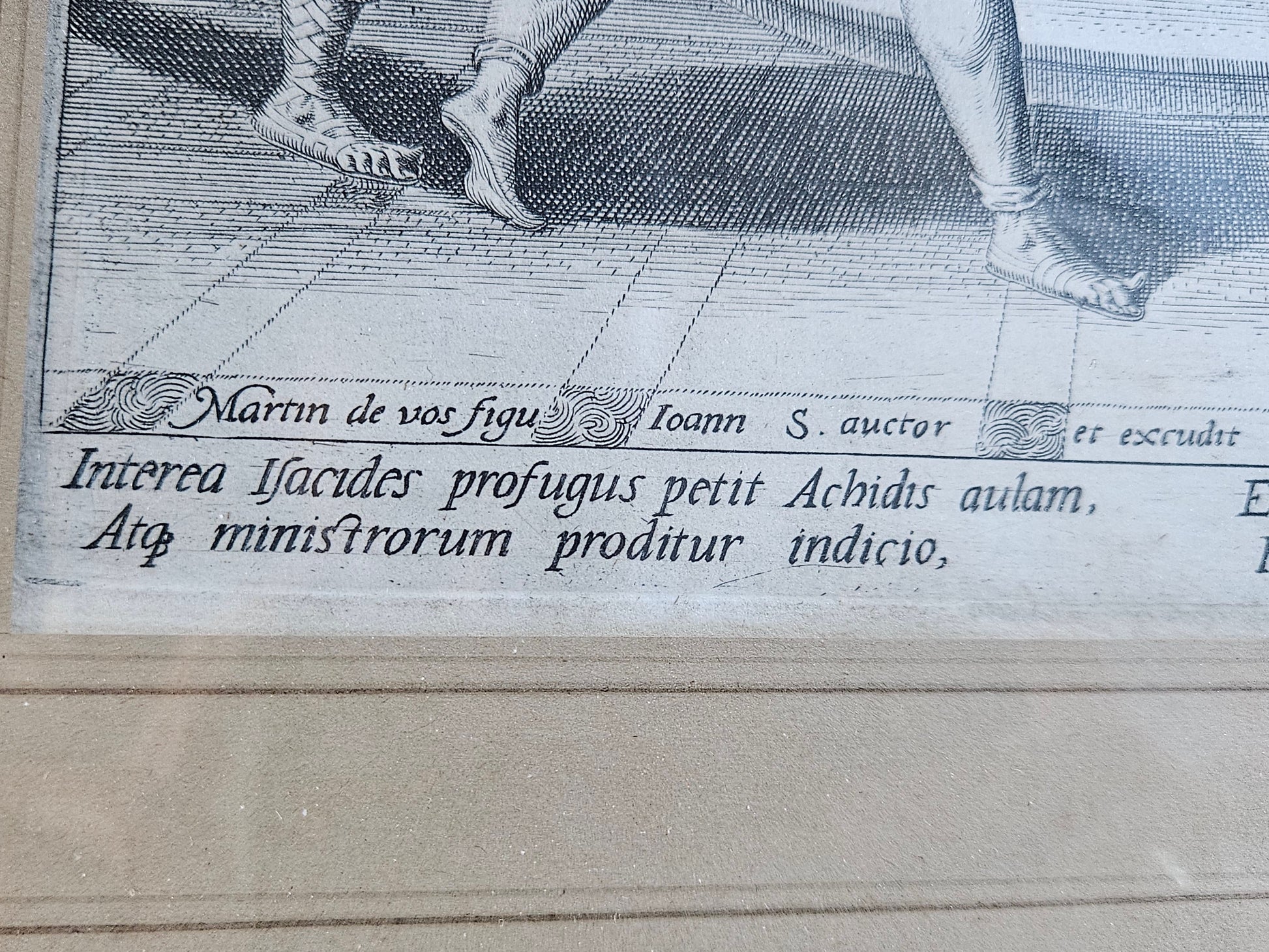 16e-eeuwse Meesterprent – Marten de Vos – David heuchelt waanzin voor Koning Achis