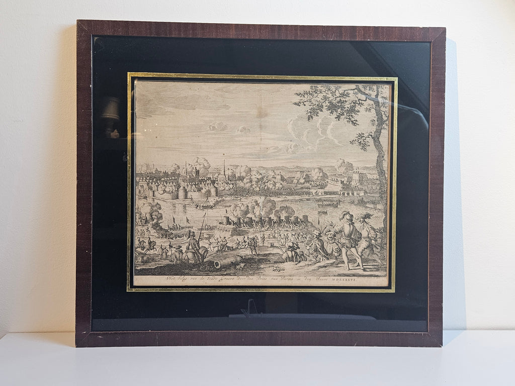 Antieke kopergravure “Het Beleg van Grave” – Jan Luyken – ingelijst historisch tafereel