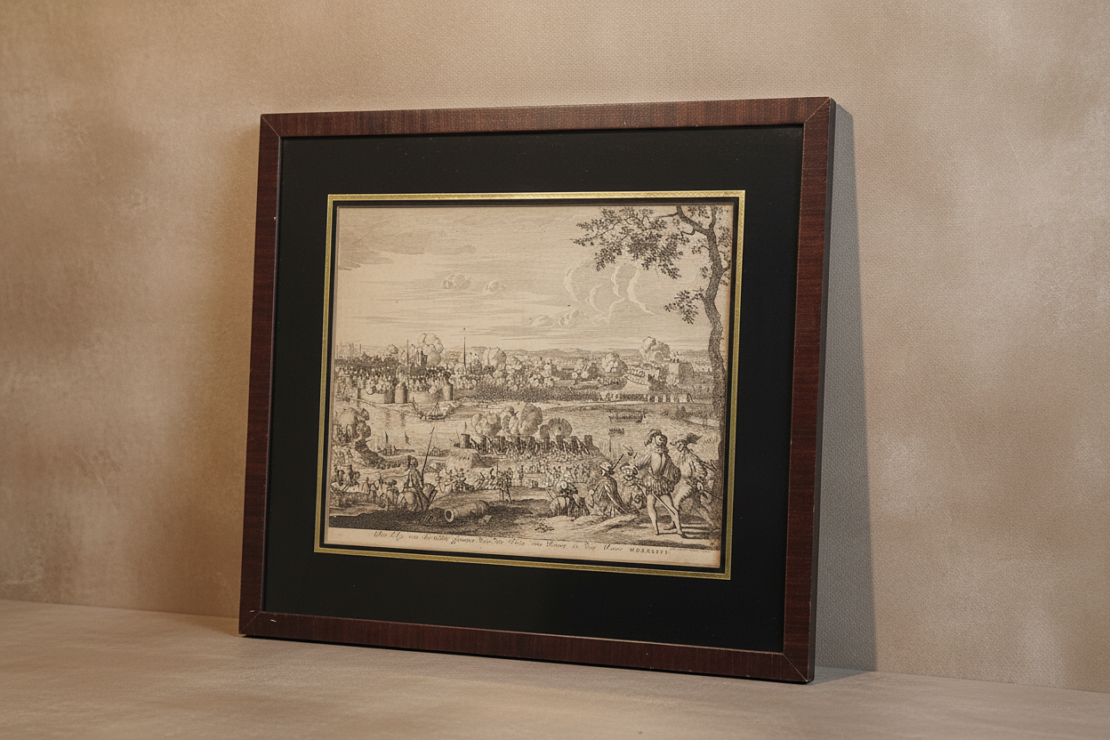 Antieke kopergravure “Het Beleg van Grave” – Jan Luyken – ingelijst historisch tafereel