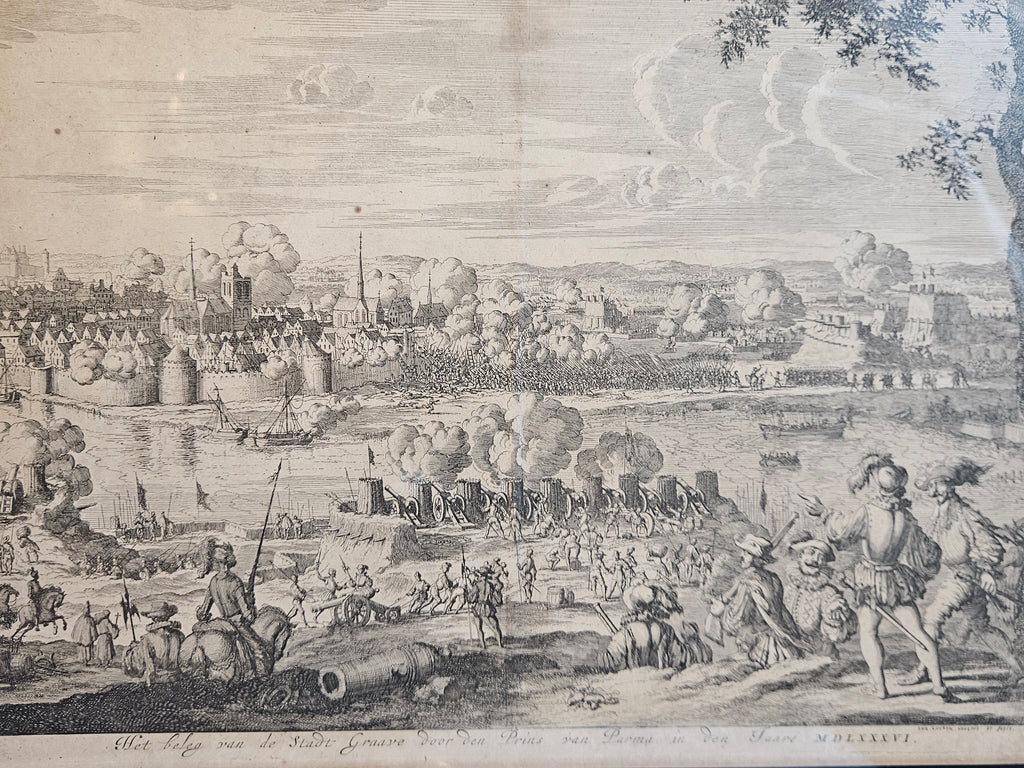 Antieke kopergravure “Het Beleg van Grave” – Jan Luyken – ingelijst historisch tafereel